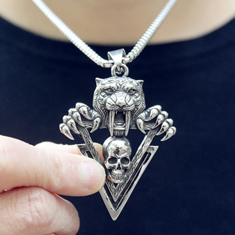 Tiger Tooth Skull Pendant Necklace — Stainless Steel