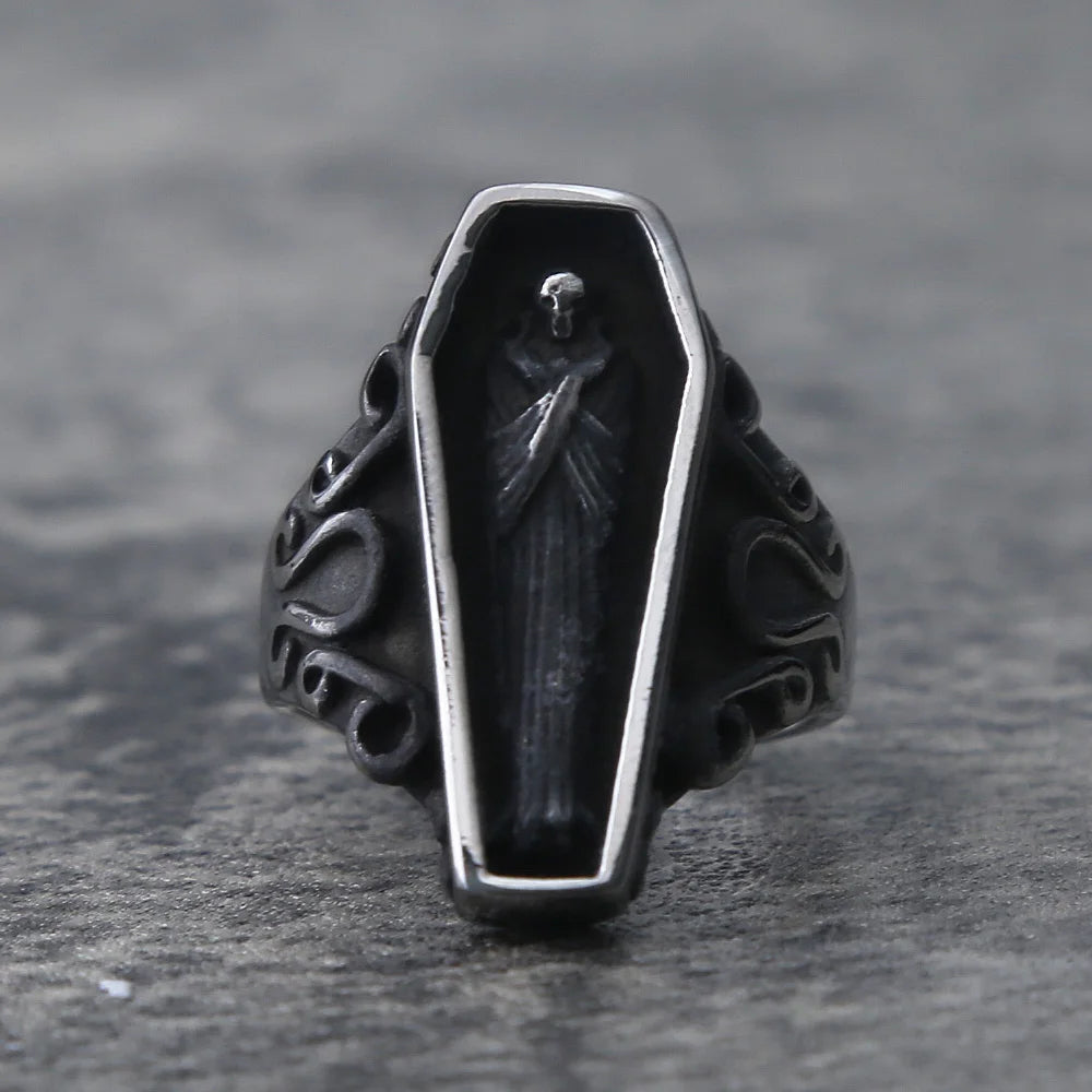 Unique Zombie Vampire Skull Biker Men's Ring Black Stainless Steel Punk Coffin Rings For Men Gothic Ring Wholesale Jewelry Gift