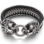 Viking Jewelry Stainless Steel Lion Head Charm Bracelet for Man Cowhide Leather Homme Armbanden Cool Punk Men's Cuff