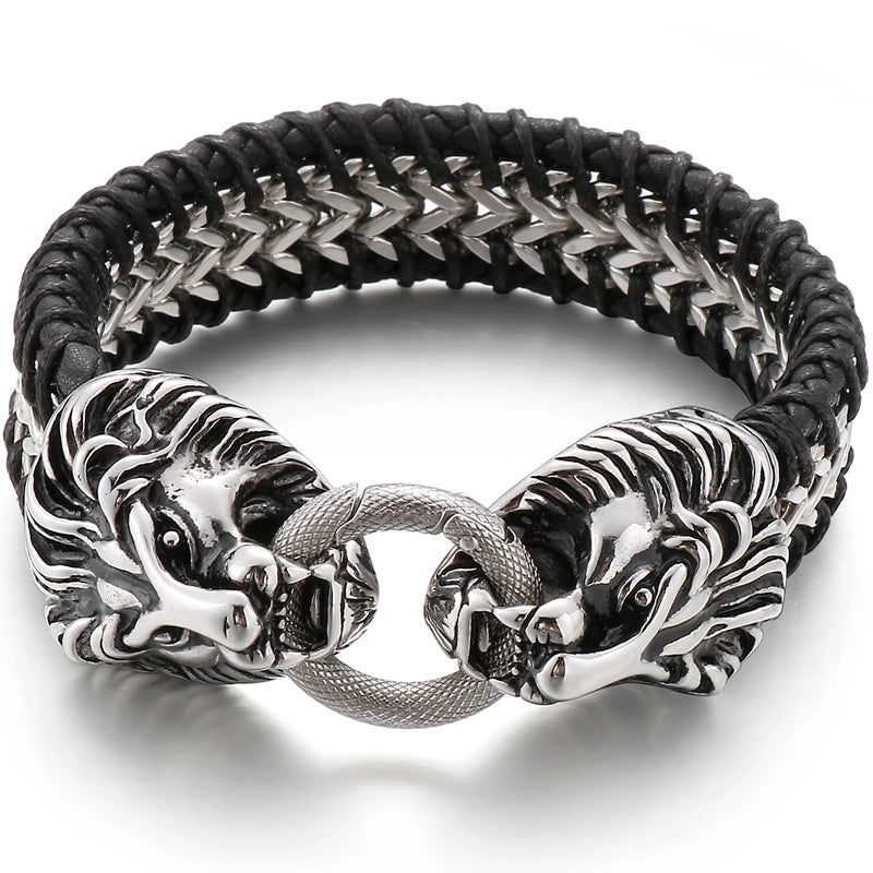 Viking Jewelry Stainless Steel Lion Head Charm Bracelet for Man Cowhide Leather Homme Armbanden Cool Punk Men's Cuff