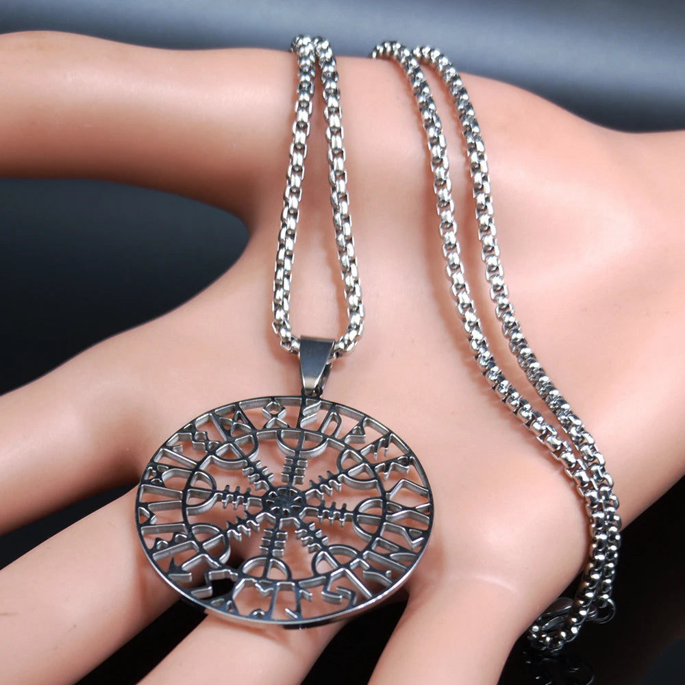 Viking Compass Helm Rune Amulet Necklace Silver Color Stainless Steel Symbol of Protection Necklace Pagan Jewelry