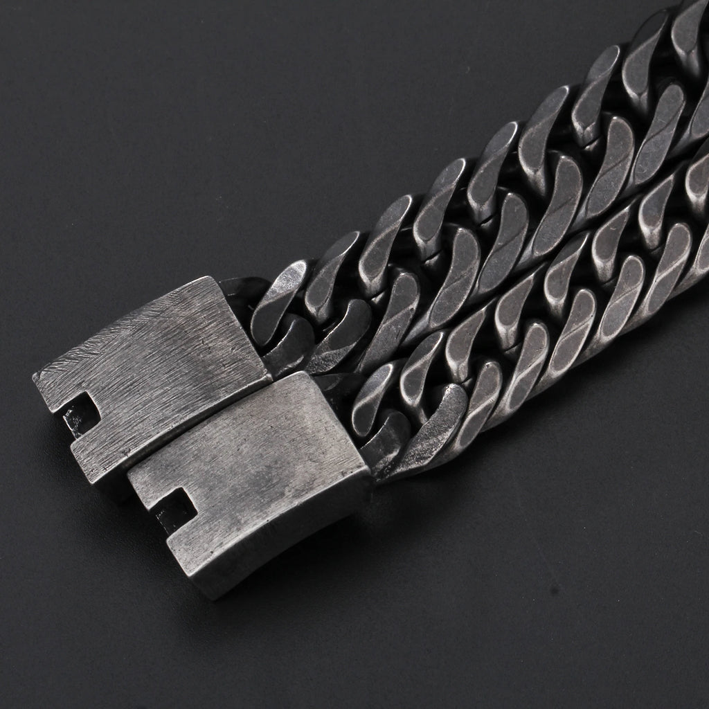 Fongten Retro Black Bracelet For Men Cuban Chain Stainless Steel Heavy Wide Curb Bracelets Bangle Male Jewelry