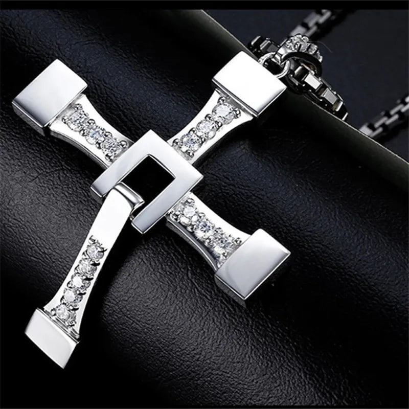 Fast and Furious Cross Necklace Dominic Toretto Cross Rhinestone Pendant Necklace Titanium Stainless Steel Necklace for Men
