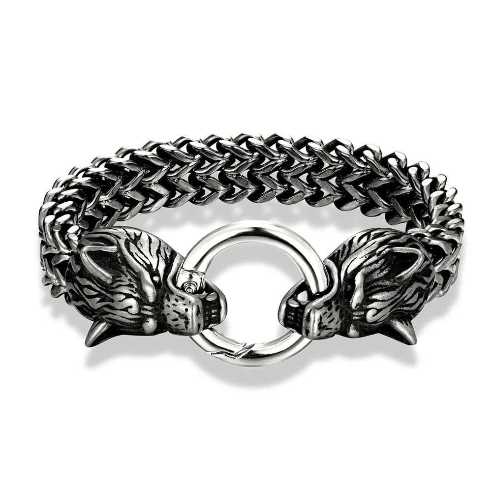 Norse Wolf Head Link Bracelet — Stainless Steel