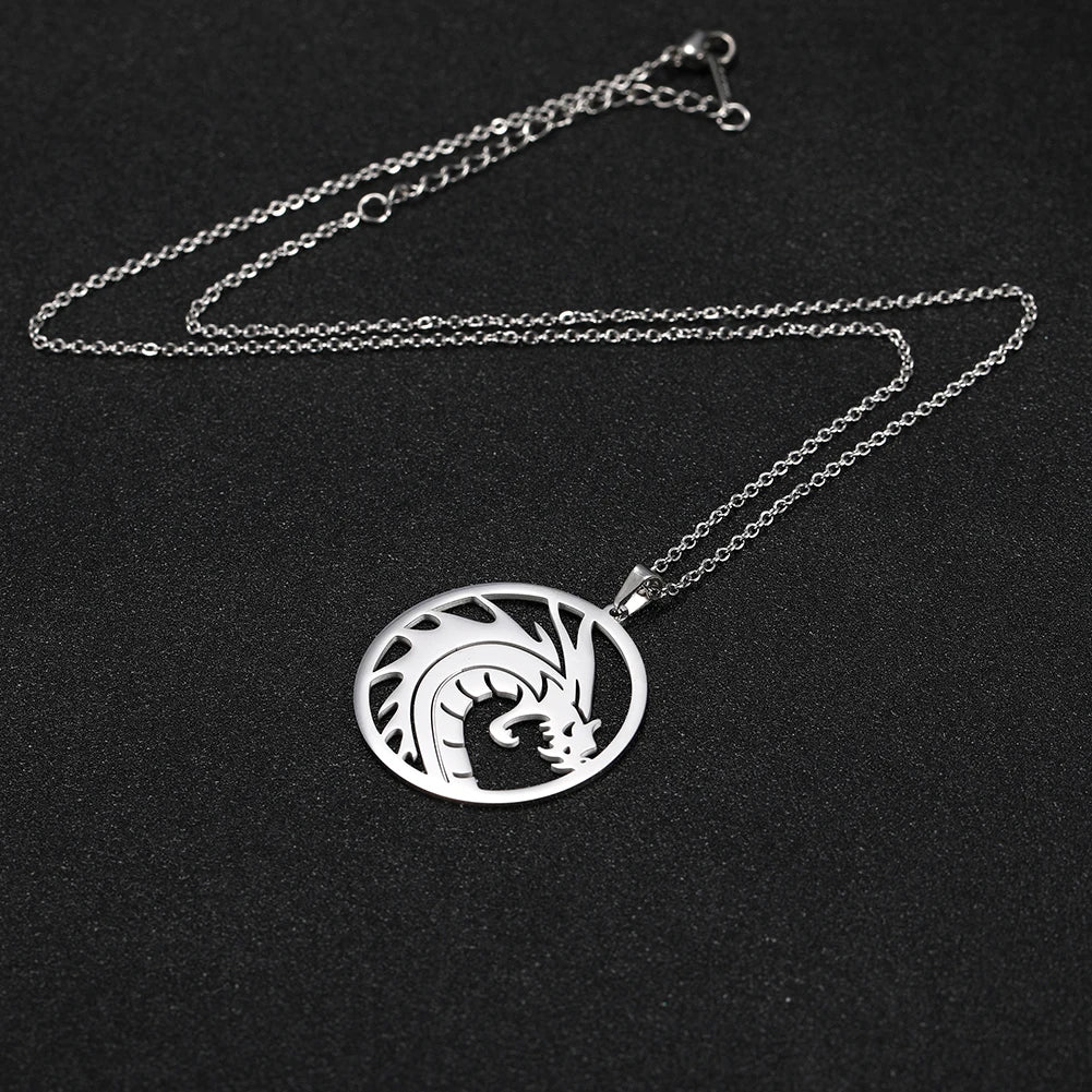 Skyrim Chinese Dragon Round Pendant Necklace 316L Stainless Steel Gold Color Statement Chain Necklaces Jewelry for Men