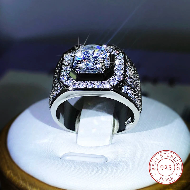 Luxury 925 Sterling Silver Men Couple AAA Crystal Zircon Stone Wedding Ring Brilliant Noble Engagement Engage Party