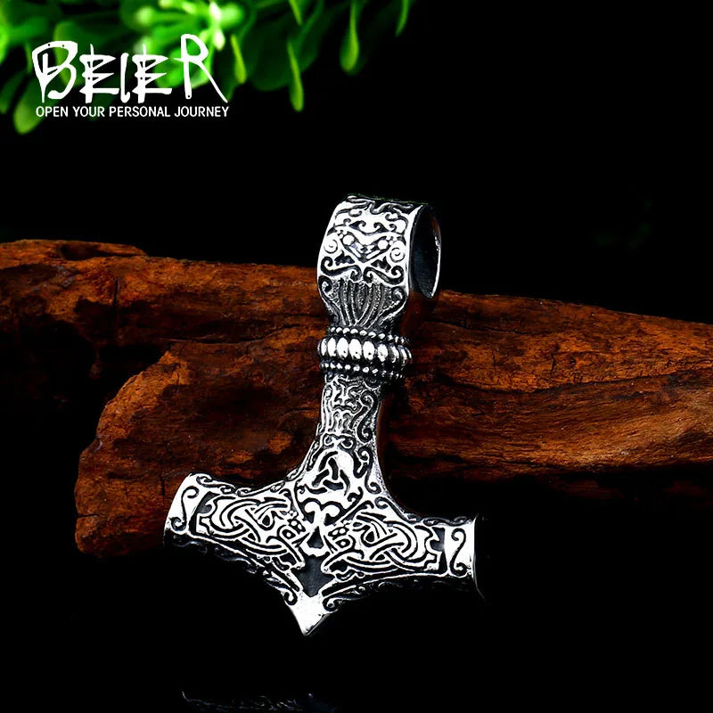 BEIER thor's hammer mjolnir pendant necklace viking scandinavian norse viking necklace with stainless steel chain