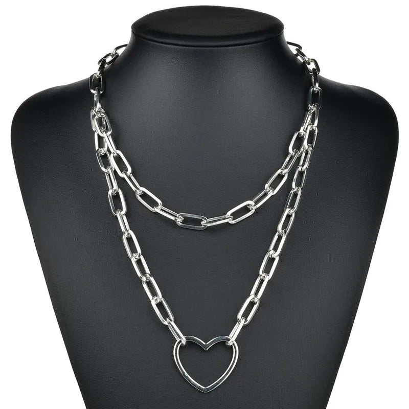 Silver-Tone Layered Lock Chain Choker Necklace