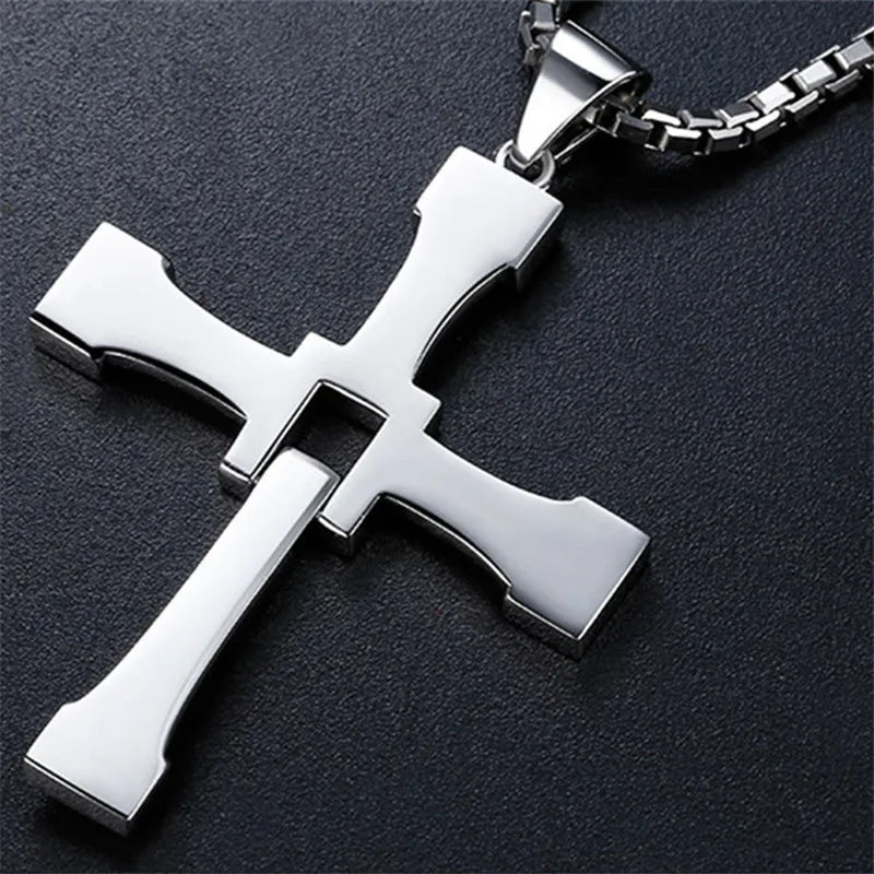 Fast and Furious Cross Necklace Dominic Toretto Cross Rhinestone Pendant Necklace Titanium Stainless Steel Necklace for Men