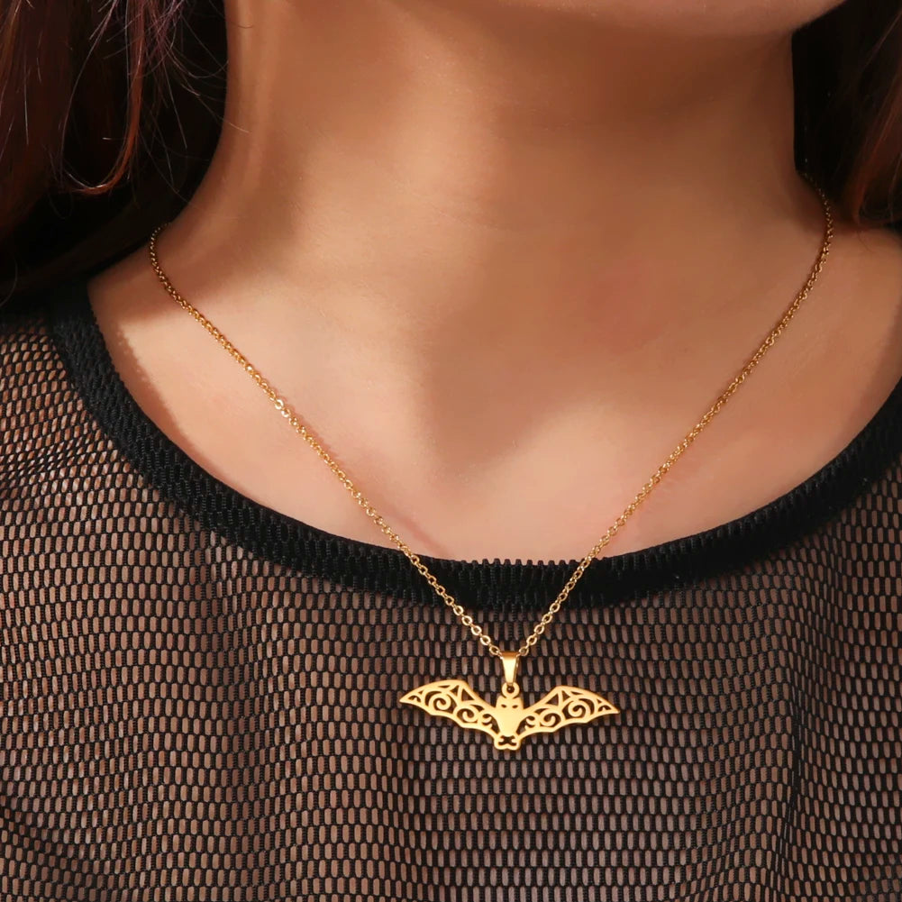 Flying Bat Cutout Pendant Necklace — Stainless Steel