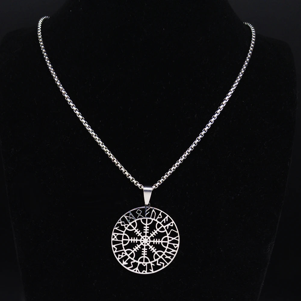 Viking Compass Helm Rune Amulet Necklace Silver Color Stainless Steel Symbol of Protection Necklace Pagan Jewelry