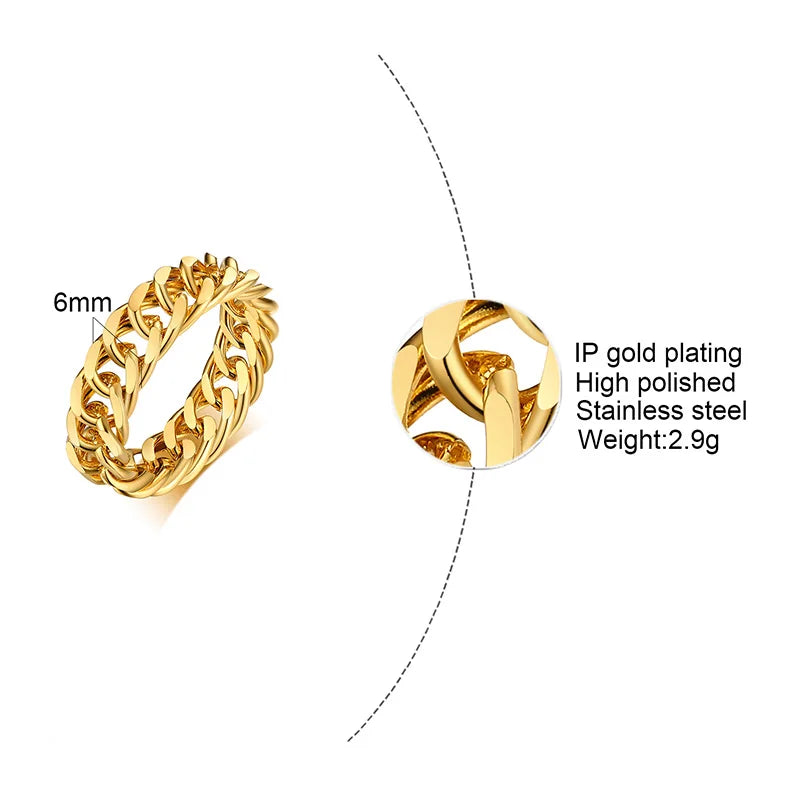 Cuban Ring, Curb Chain Ring, Stainless Steel Miami Link Rings,Streetwear Fashion Hip Pop Cool Ring, Everyday Jewelry 3 to 7 MM