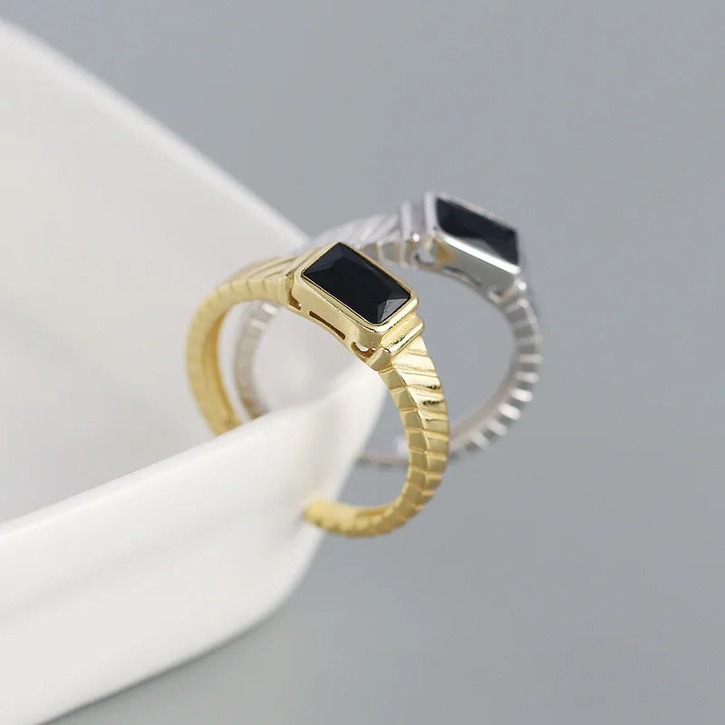 WANTME Silver Men Ring Punk Black Square 925 Sterling Silver Gothic Adjustable Rings for Women Simple Fine Hip Hop