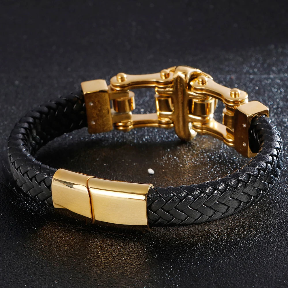 Punk Goth Lion Head Men's Bracelets & Bangles Braided Genuine Leather Man Bracelet Gold Color Stainless Steel Bike