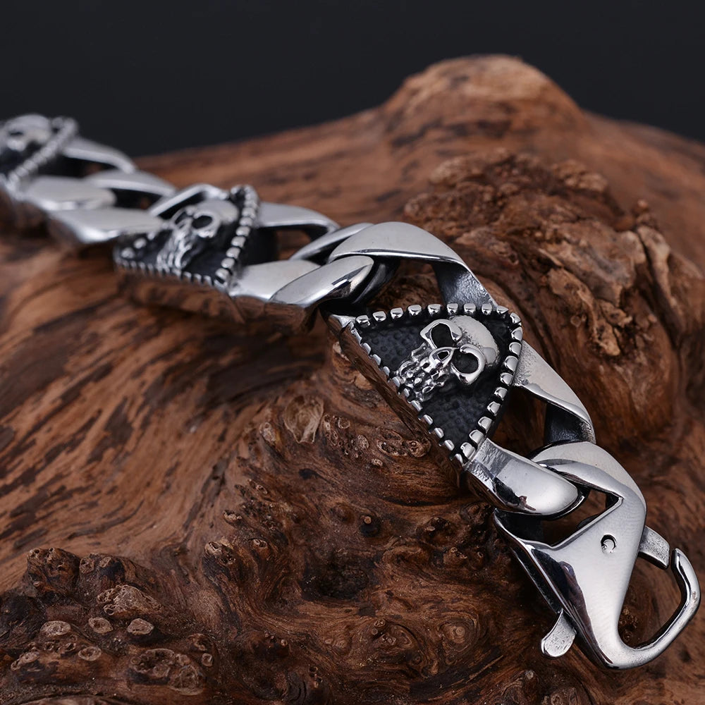 Punk Rock Gothic Men's Bracelets Skull Head Cuban Chain Bracelet For Men Big Size 23CM 9" Stainless Steel Hand Jewelry