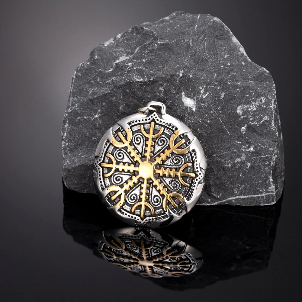 Never Fade Norse Compass Gold Color Necklace Men Vikings Runes Stainless Steel Trident Vegvisir Amulet Pendant