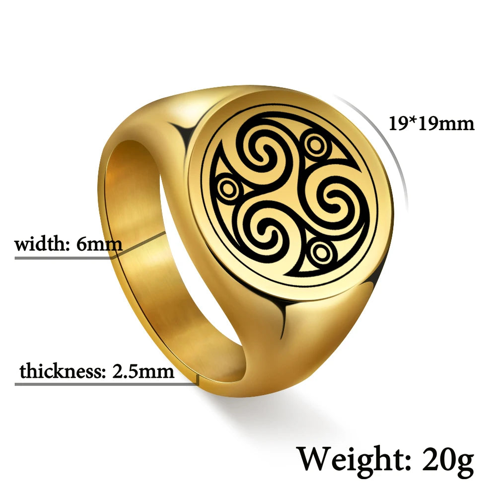 LIKGREAT Stainless Steel Rings for Men Triskele Triple Spiral Symbol Amulet Solomon Signet Ring Punk Occult Magic Pagan