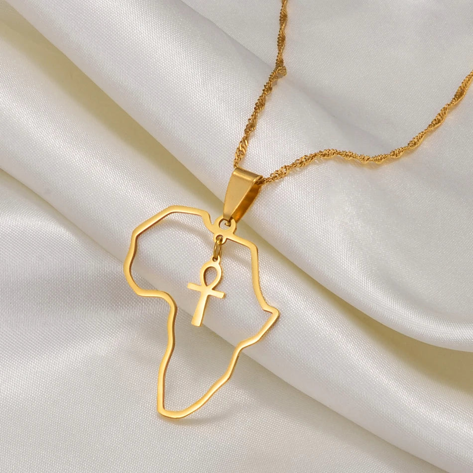 Egyptian Ankh Cross Africa Map Necklace — Stainless Steel