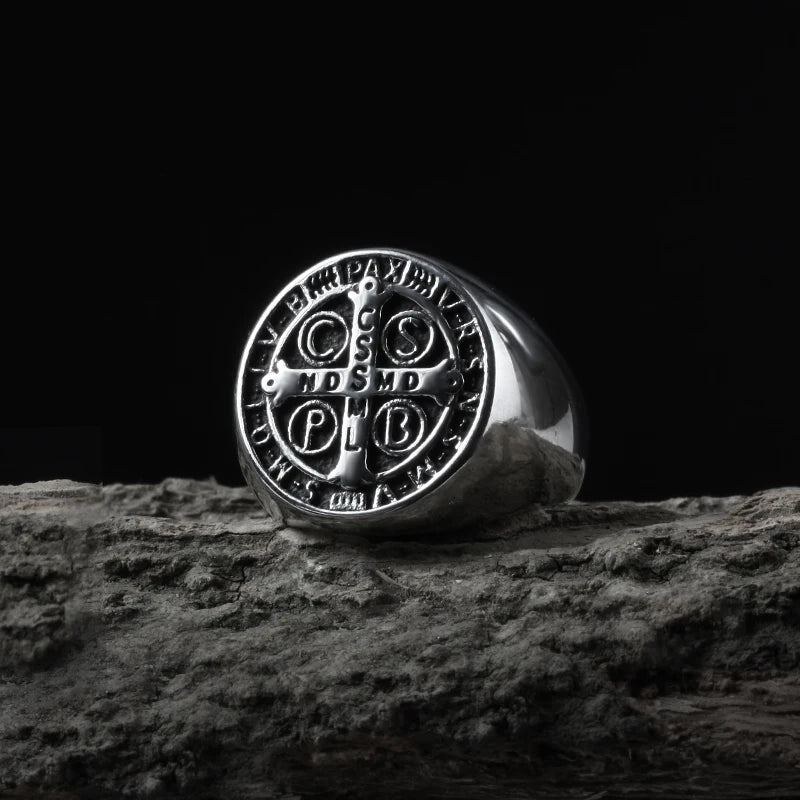 Saint Benedict Cross Men Rings Punk Hip Hop for Boyfriend Male Stainless Steel Jewelry Creativity Gift Wholesale