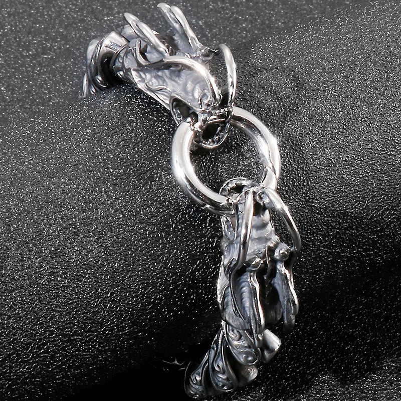 Vintage Chain Link Man Bracelet With Double Dragon Heads Solid Stainless Steel Friendship Men's Bracelets Old Metal