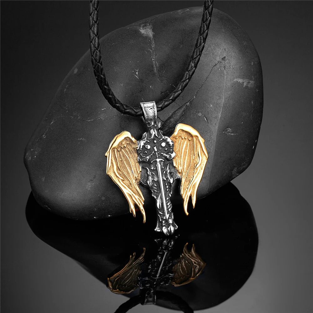 Mens Norse Knight Necklaces Titanium Steel Gold Color Archangel Wings Amulet Pendant Male Jewelry Never Fade Guardian Angel Gift
