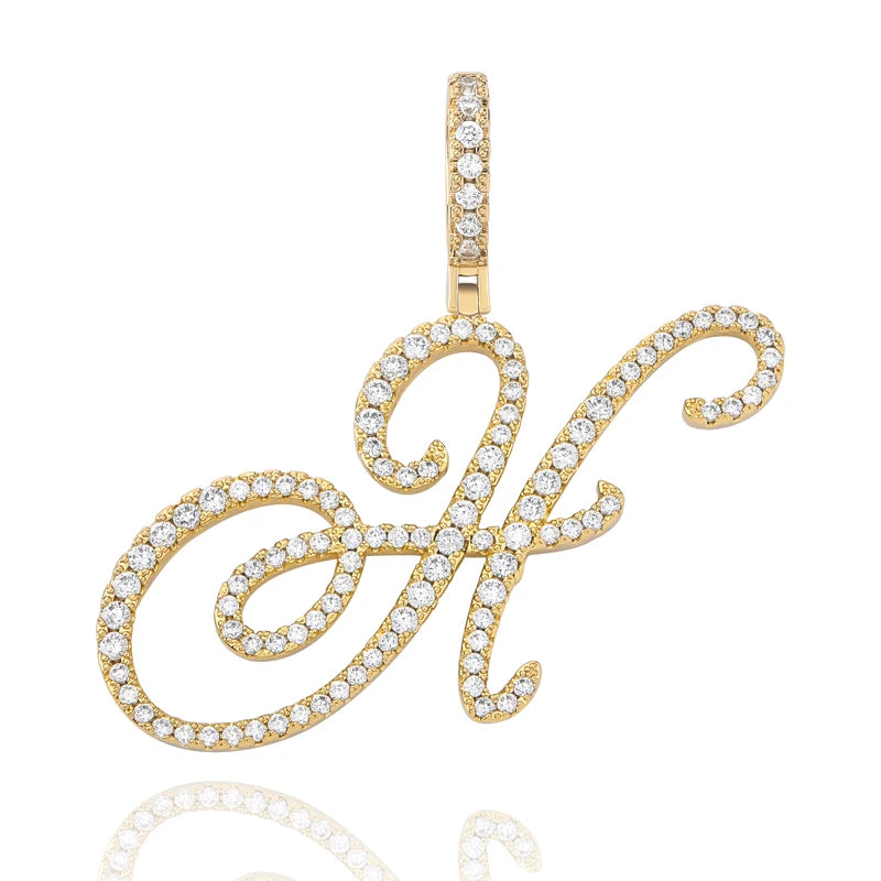 TOPGRILLZ New A-Z Cursive Letters Name Pendant&Necklace Iced Out Cubic Zircon Gold Silver Color Charm  Hip Hop Jewelry