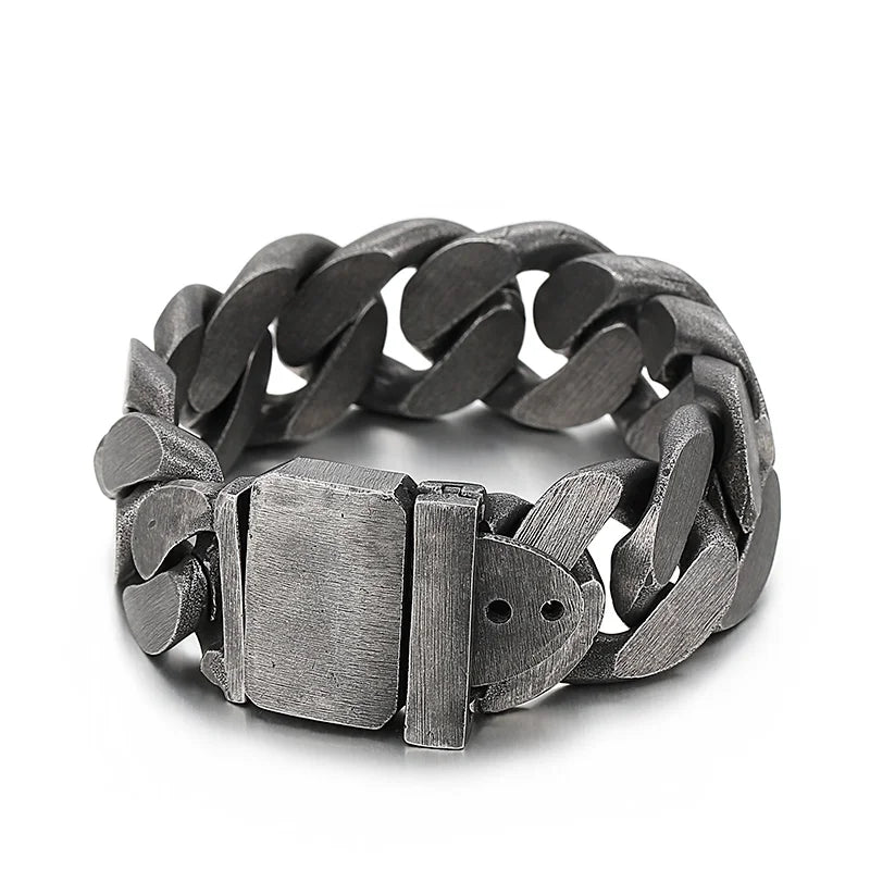 Fongten Heavy Black Metal Punk Wide Cuban Link Chain Men Bracelet Stainless Steel Fashion Biker Male Accessories