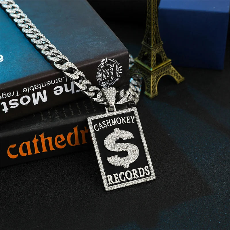 Goth Dollar Sign 'Cash Money Records' Iced out Pendant Necklace with Cuban Chain Hip Hop Jewelry for Street Style Rapper Gift