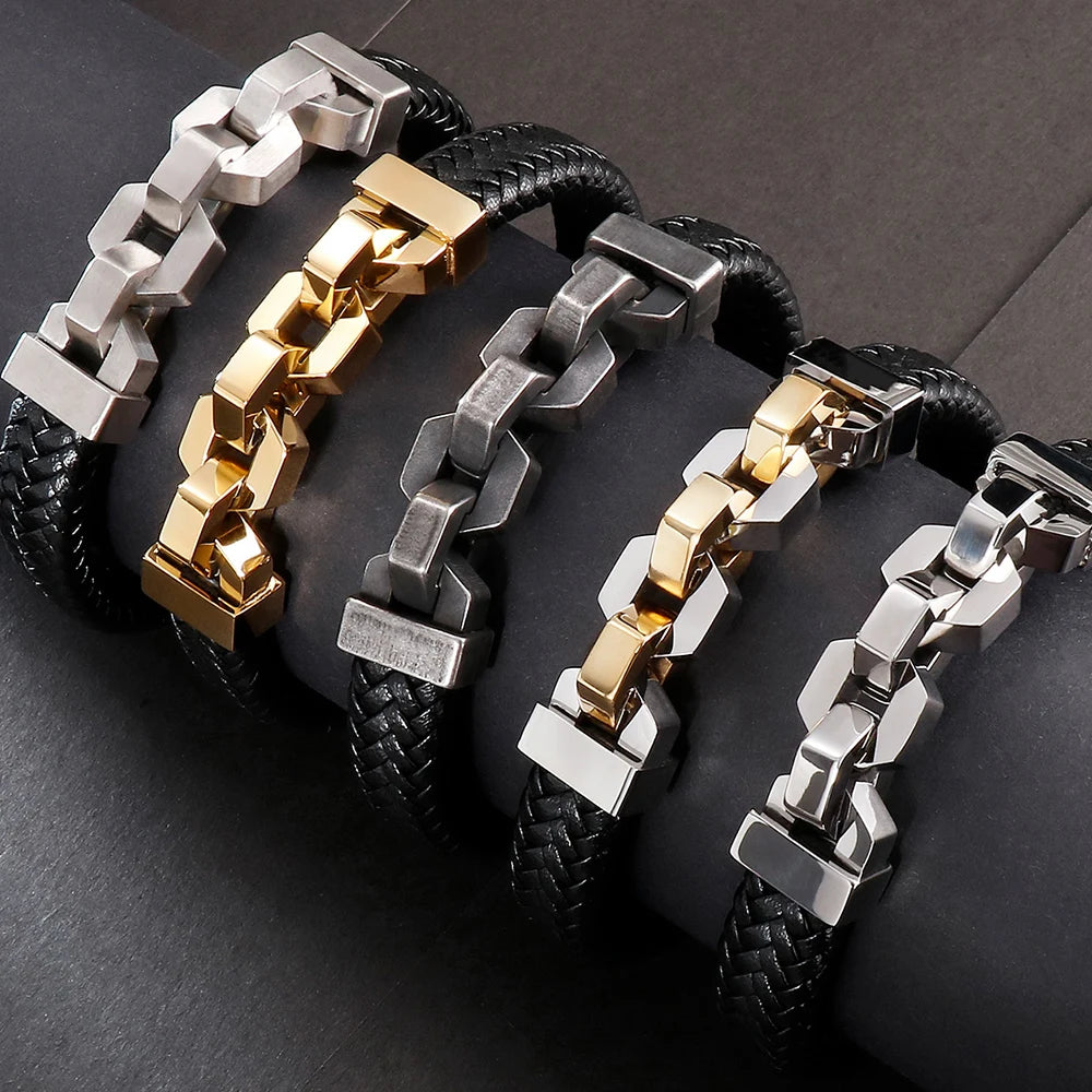 Friendship Man Bracelets Stainless Steel Braided Genuine Leather Wristband Boys Cuff Bracelet Men Jewellery Gifts For
