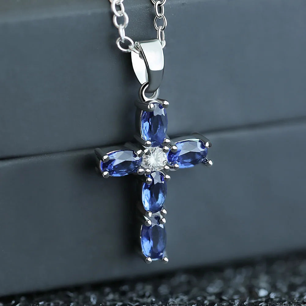 Huitan Cross Shaped Pendant Necklace Birthday Gift High Quality Ladies Jewelry Prong Setting Blue CZ Fashion Accessary