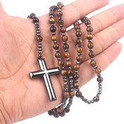 Tiger Eye Lapis Spectrolite Rosary Cross Necklace — Black-Tone