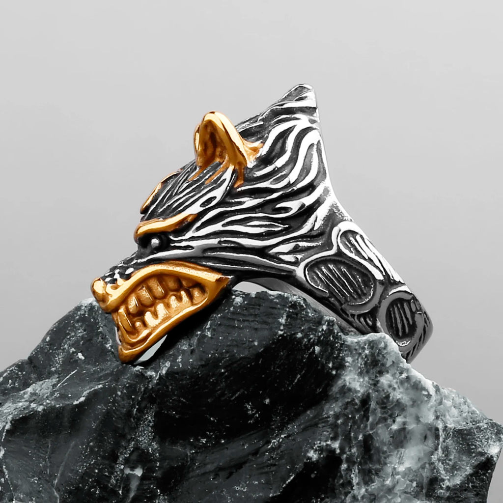 Nordic Viking Prairie Wolf Head Ring — Stainless Steel