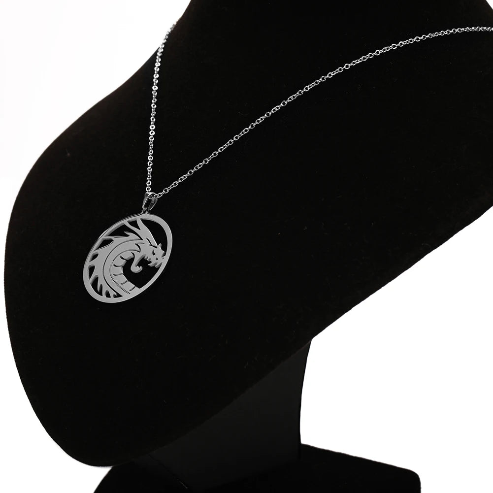 Skyrim Chinese Dragon Round Pendant Necklace 316L Stainless Steel Gold Color Statement Chain Necklaces Jewelry for Men