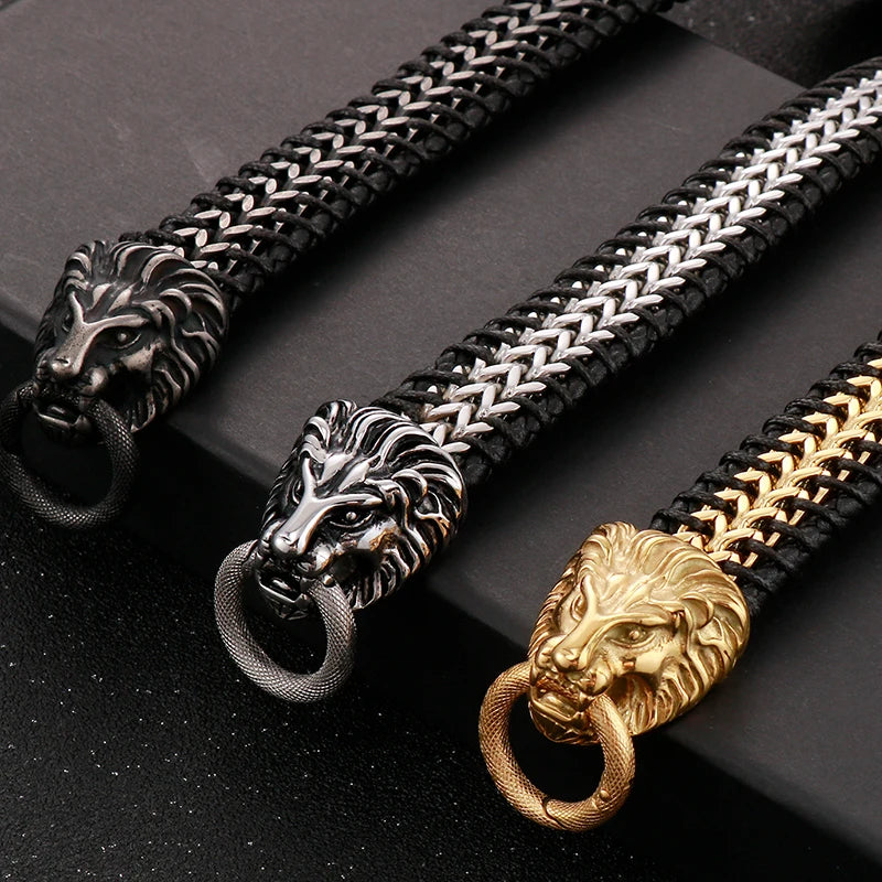 Vintage Double Wolf Lion Head Men's Bracelets Gothic 23CM Long Braided Genuine Leather & Stainless Steel Skull Bracelet