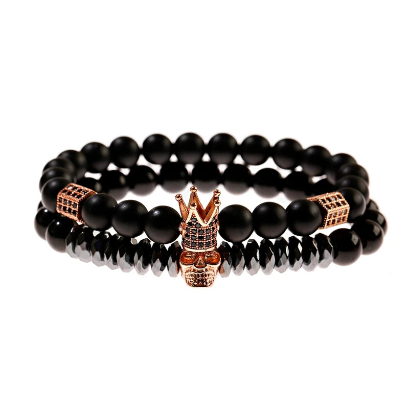 Luxury Men Stone Beads Skull Erkek Bileklik Bracelet Set Black CZ Crown Copper Bracelets For Women Pulseras Mujer