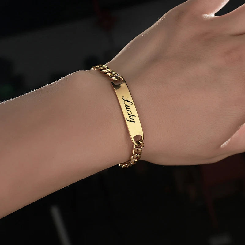 Bluelory Punk Stainless Steel Laser Engraved Name Custom Bracelets For Men Women Anniversary Gift