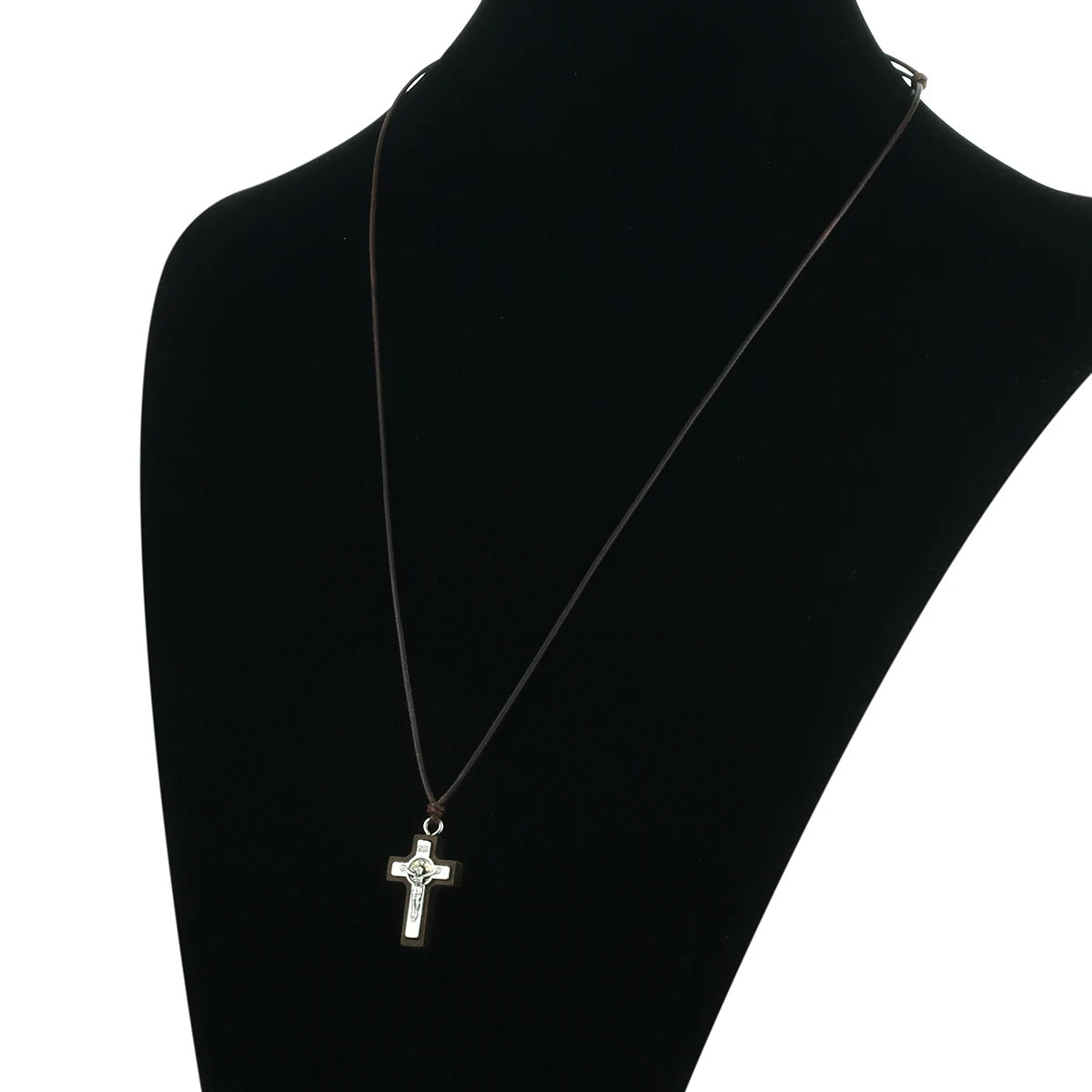 Natural Wood Jesus Crucifix Pendant Necklaces for Men INRI Catholic Cross Necklace Leather Adjustable Rope Chain
