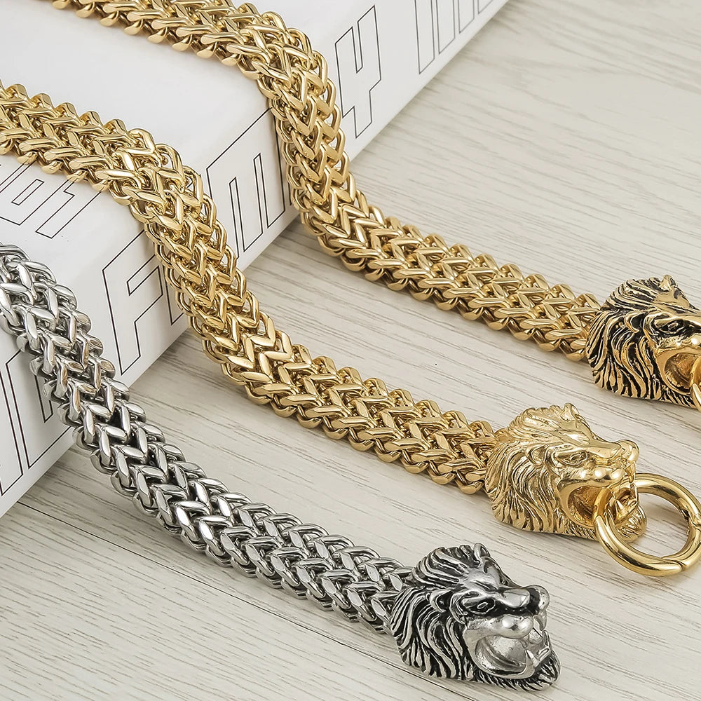 Cool Lion Head Bracelet Men Figaro Link Chain Mens Cuff Bracelets Heavy Solid Stainless Steel Male Jewelry Bangles