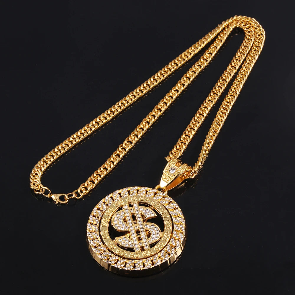Hip Hop Rotatable US Dollar Pendant Necklace Men Gold Sliver Color Ice Out Crystal Sign Rock Pendant Bling Rapper Bling Jewerly