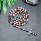 Rosary Necklace For Men Women 8mm Tiger Eye Black Obsidian Beads Necklace Christ Buddhist Meditation Cross Necklace Jewelry