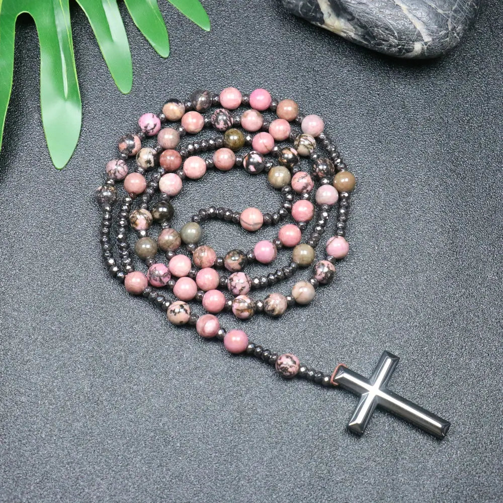 Rosary Necklace For Men Women 8mm Tiger Eye Black Obsidian Beads Necklace Christ Buddhist Meditation Cross Necklace Jewelry