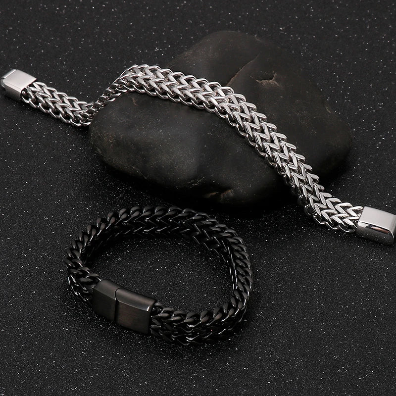 Mens 12MM Width Double Row Chain Wrist Bracelets 6 Color Stainless Steel Bracelet for Man Handles With Magnet Clasp