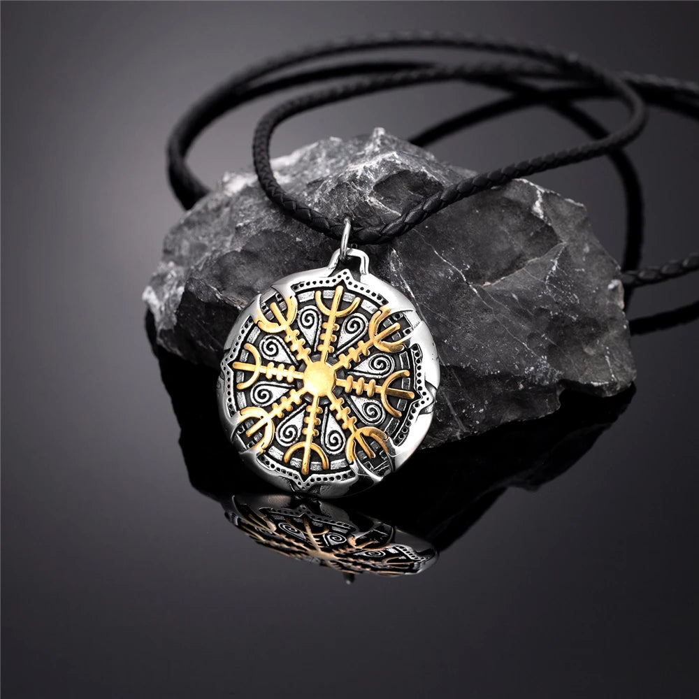 Never Fade Norse Compass Gold Color Necklace Men Vikings Runes Stainless Steel Trident Vegvisir Amulet Pendant