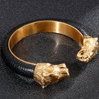 Gold Color Stainless Steel Lion Head Open Bangles For Men Elastic Adjustable Leather Bracelets Boys Hand Accessories
