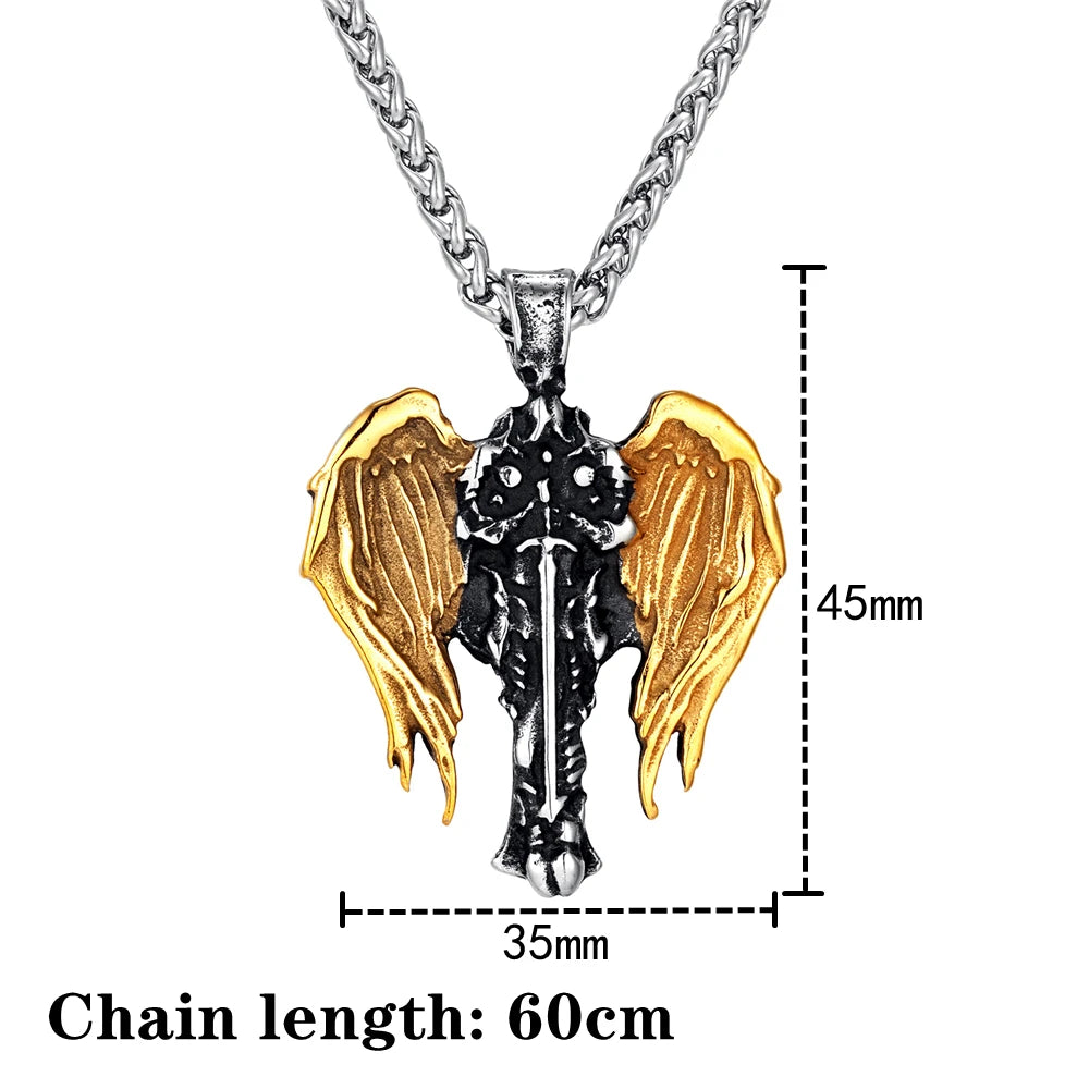 Mens Norse Knight Necklaces Titanium Steel Gold Color Archangel Wings Amulet Pendant Male Jewelry Never Fade Guardian Angel Gift