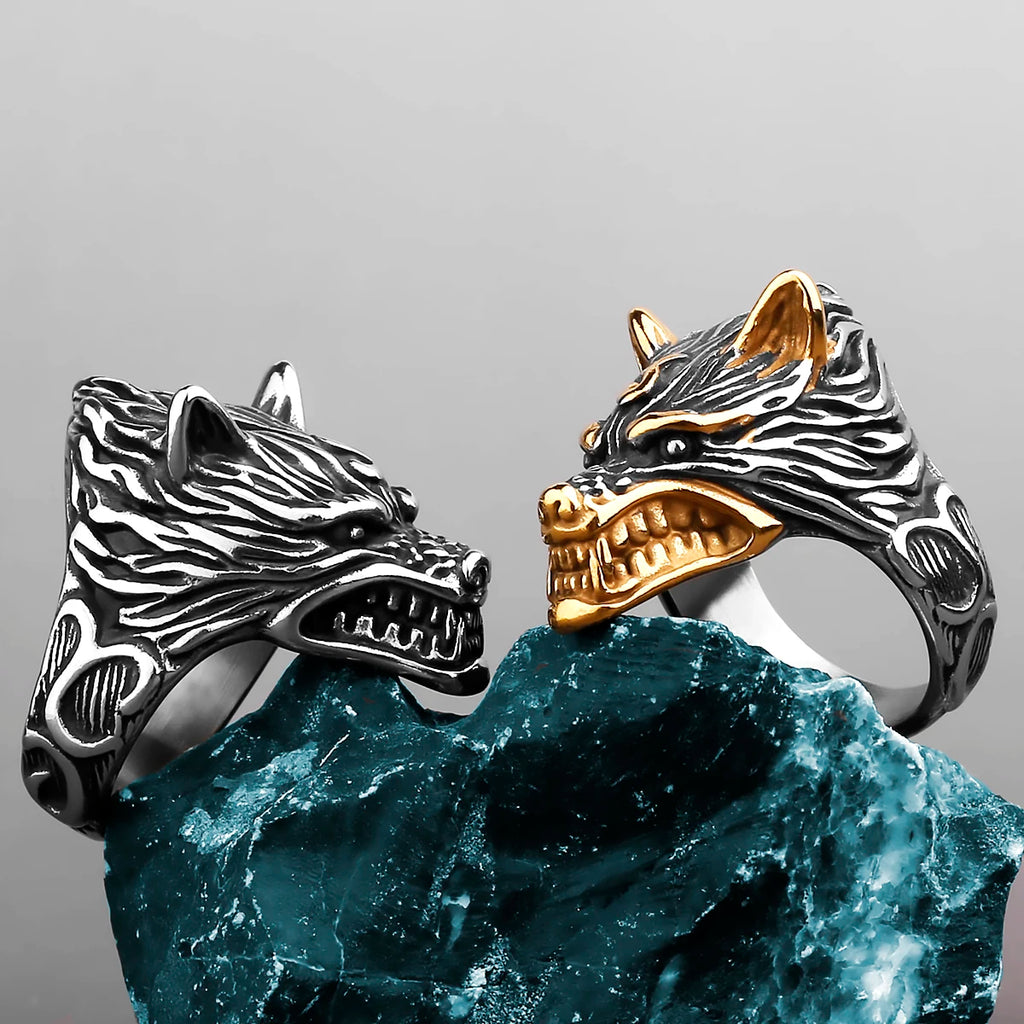 Nordic Viking Prairie Wolf Head Ring — Stainless Steel