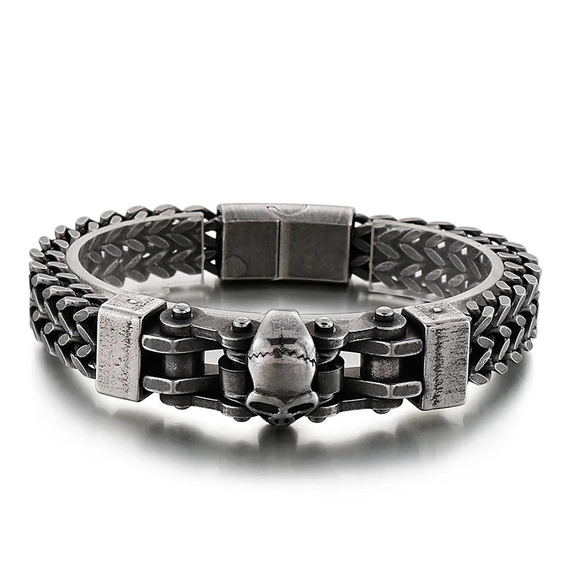 Gothic Stainless Steel Men's Bracelets With Skull Head Double Layer Franco Link Curb Chain Bracelet Man Jewelry With