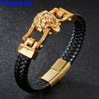Punk Goth Lion Head Men's Bracelets & Bangles Braided Genuine Leather Man Bracelet Gold Color Stainless Steel Bike
