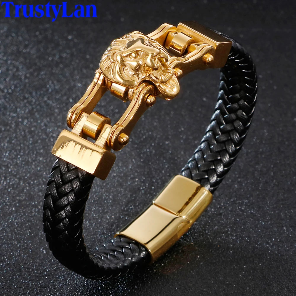 Punk Goth Lion Head Men's Bracelets & Bangles Braided Genuine Leather Man Bracelet Gold Color Stainless Steel Bike
