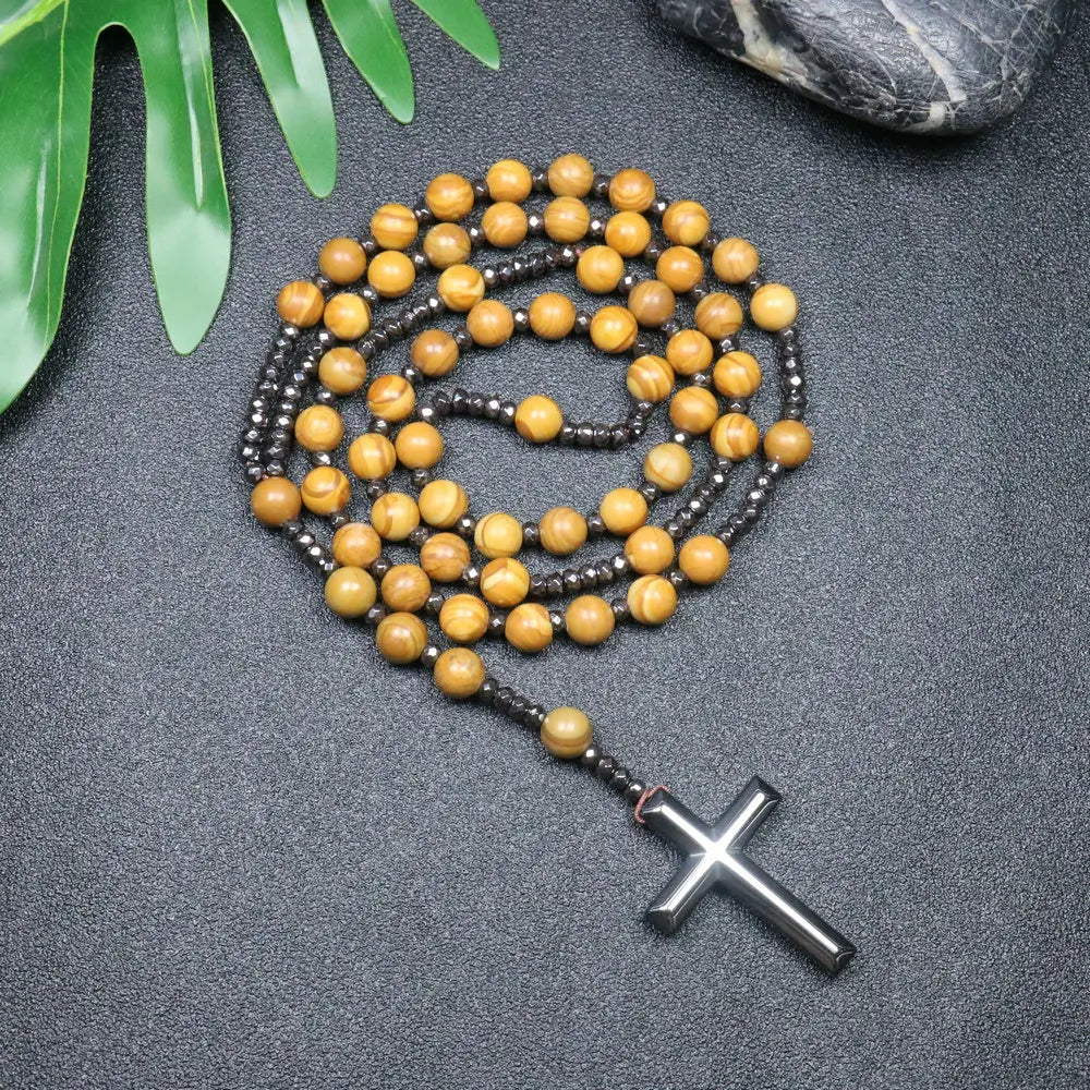 Tiger Eye Black Obsidian Rosary Cross Necklace — Black-Tone, 8mm
